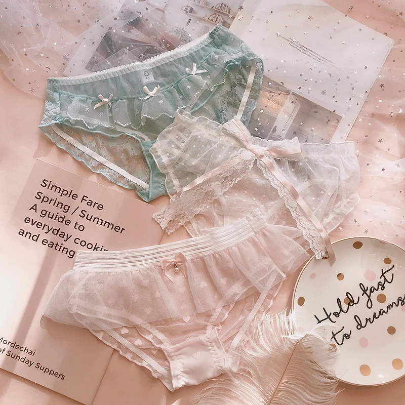J 3 шт., японские милые Лолиты для девочек, Kawaii Nets, пряжа с бантом, кружевные трусы принцессы с рюшами, Трусы средней длины, маленькое сказочное нижнее белье, трусы - Цвет: J