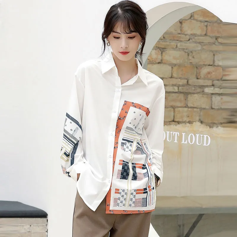 

Office Lady Elegant Long Sleeve Shirts New Arrival 2021 Spring Korean Style Turn-down Collar Print Women Casual Tops W086