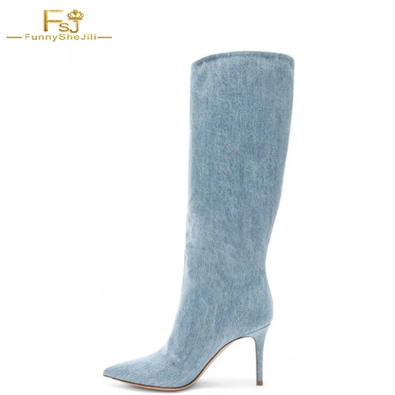 

FSJ Vintage Light Blue Denim Stiletto Heel Women Knee High Boots Pointed Toe Comfy Dress Date Mujer Long Booties 2021 Winter