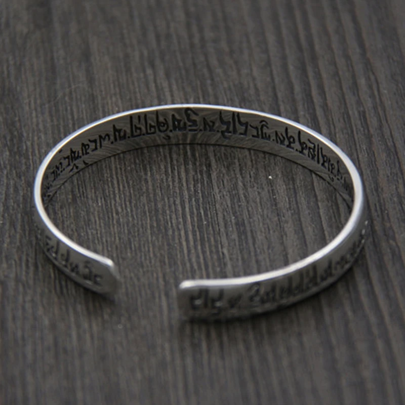 925 Sterling Silver Sanskrit Six-character Word Open Bracelet Fashion Buddhist Text Bracelet Classic Retro Men and Women Models