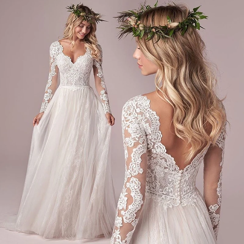 

Charming Latest Lace Long Sleeves Wedding Dresses Backless Wedding Gowns V Neckline Bridal Dresses 2021 On Sale Court Train