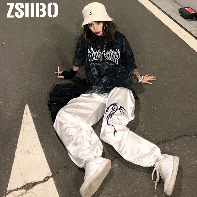 Женские брюки с принтом дракона белые спортивные штаны высокой талией и