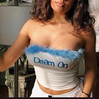 Hirigin пикантные укороченные топы для женщин без бретелек с воротником-лодочкой с перьями в стиле пэчворк Дамская эластичная футболка с буквенным принтом 2020 модная футболка для вечеринки