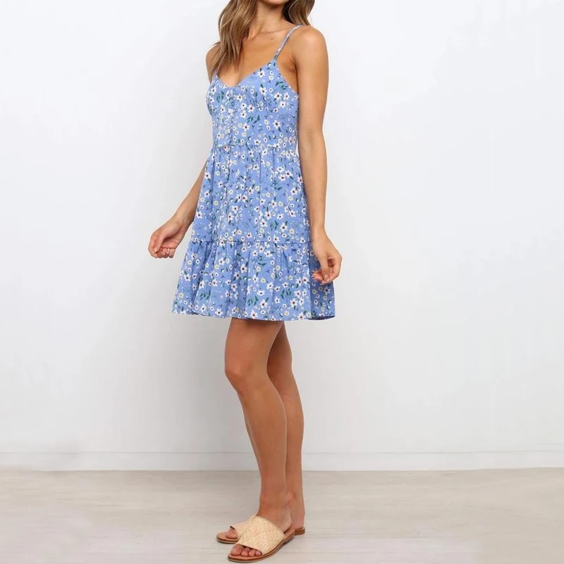 

Spaghetti Strap Dress Women Floral Print Ruffle Dress Female Casual Sleeveless Holiday Beach Dress V Neck Stylish Party Vestidos