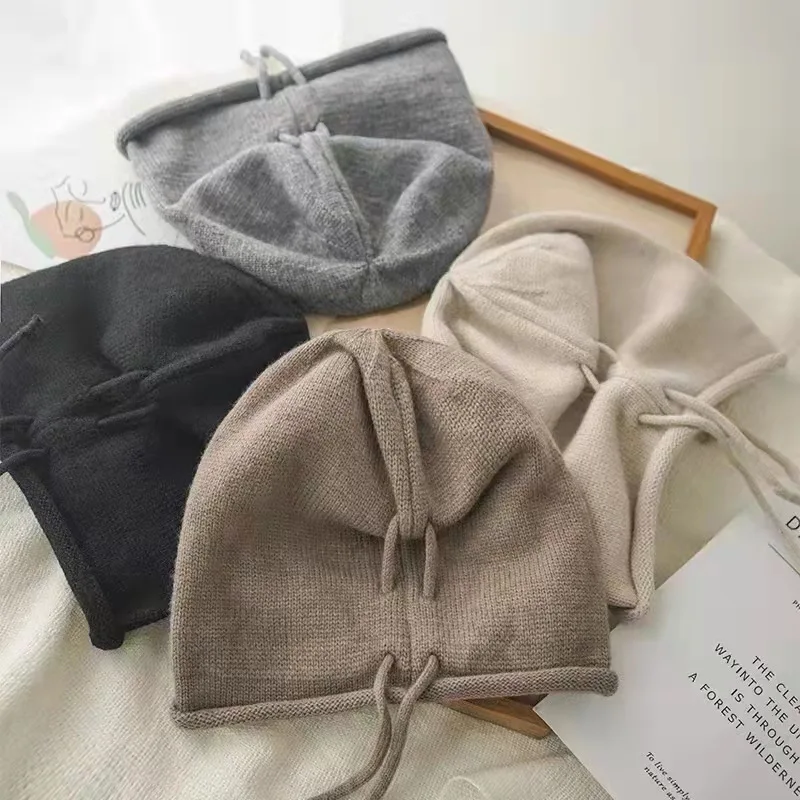 

Japanese Simple Knitted Drawstring Pile Hat Women Autumn and Winter Thickening Leisure All-match Warm Knitted Cycling Hat