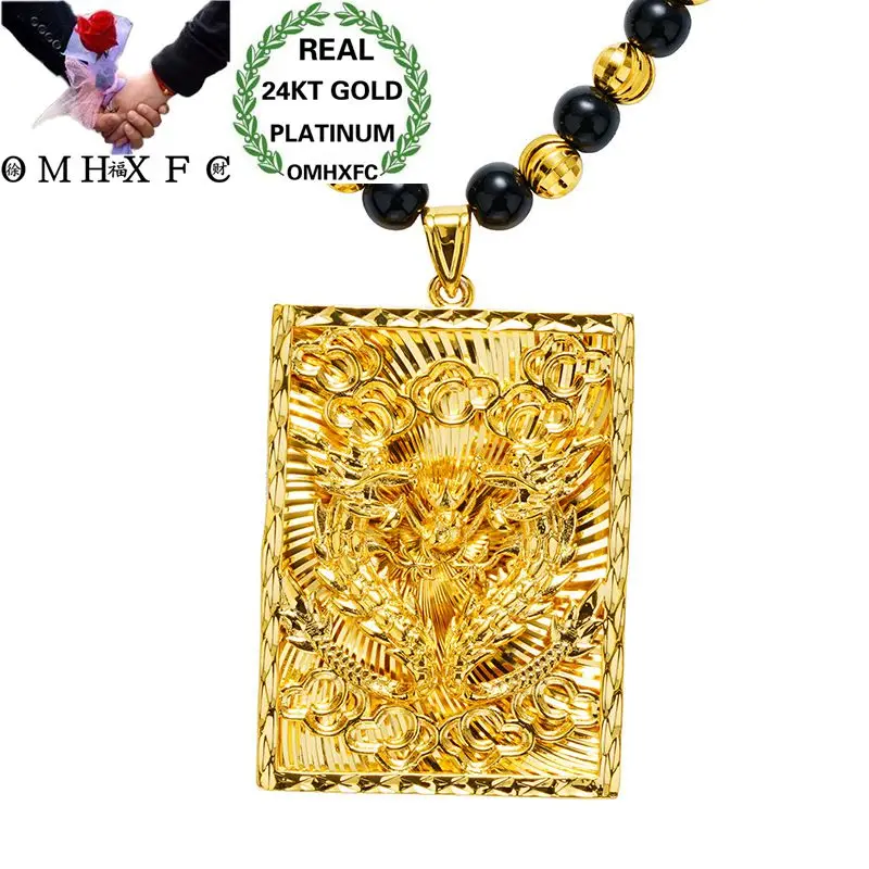 

MHXFC Wholesale European Fashion Man Male Party Wedding Gift Vintage Dragon Rectangle Bead Real 18KT Gold Pendant Necklace NL172
