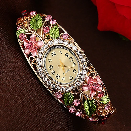 

Vintage Women Watch Lady Clock Crystal Colored Flower Bangle Bracelet Watch Analog Quartz Openwork Diamond Watch Reloj Mujer