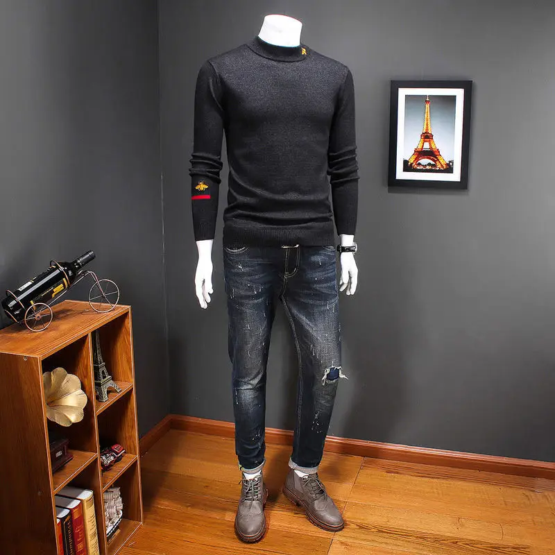 

Embroidered half-height collar double-sided velvet plus velvet autumn and winter casual long sleeve pullover bottoming shirt