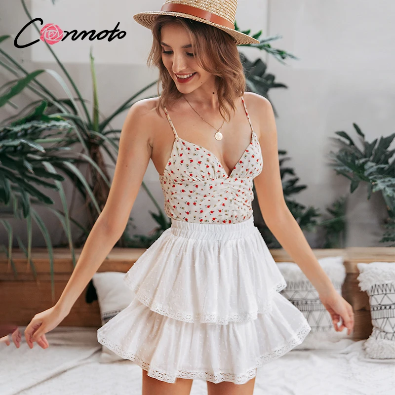 ConmotoБелая кружевная юбка в воланами короткая повседневная модная горошек для