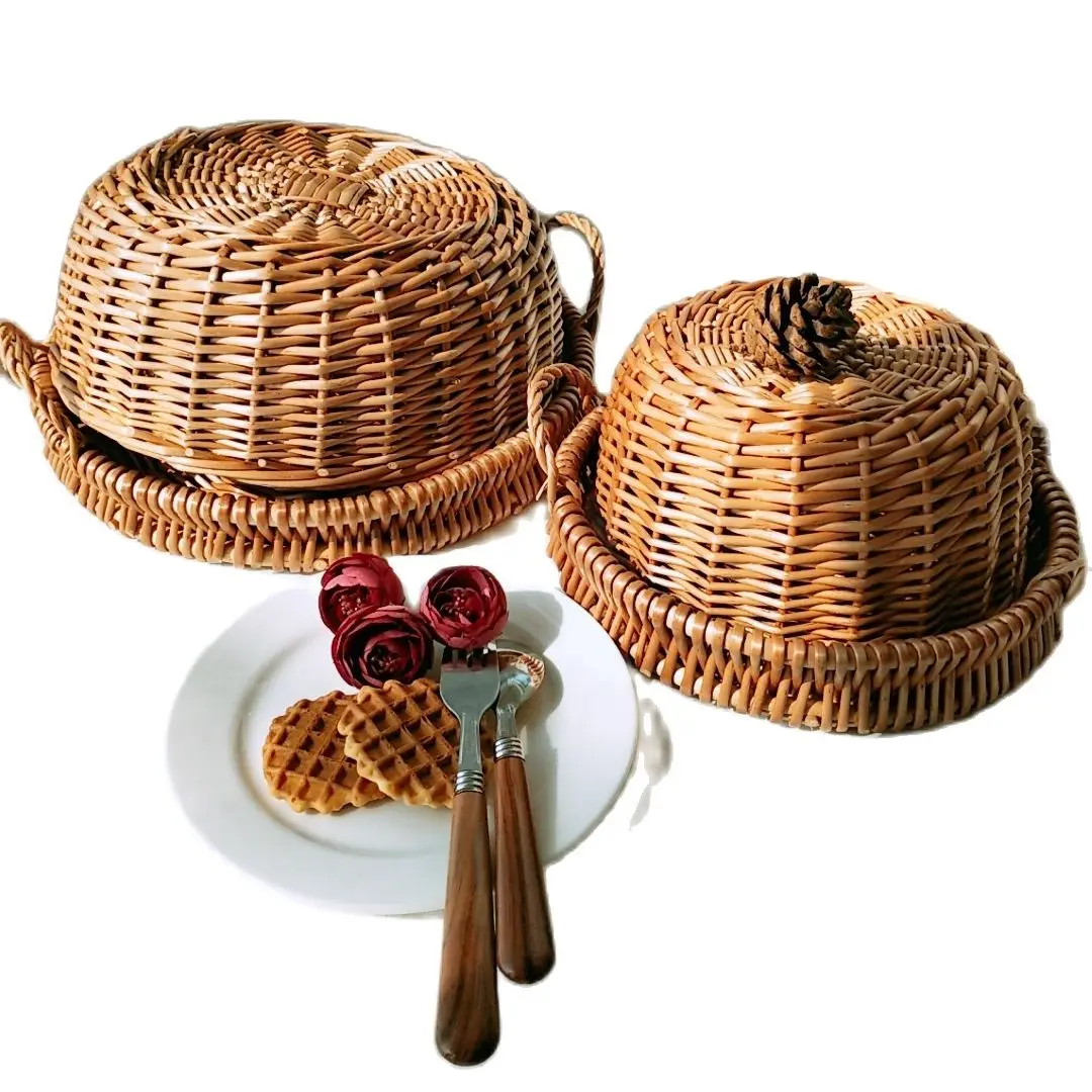 

Rattan Storage Tray Cover Basket with Handle Hand-Woven Rattan Tray Wicker Basket Bread Fruit Food Breakfast Holder