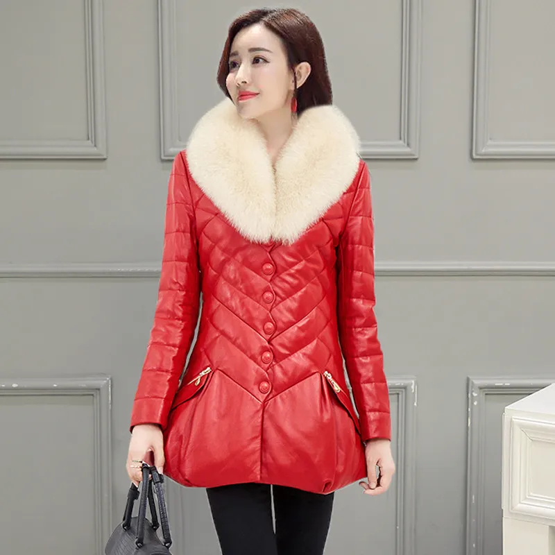 Новая зимняя женская кожаная куртка женское теплое длинное пальто из