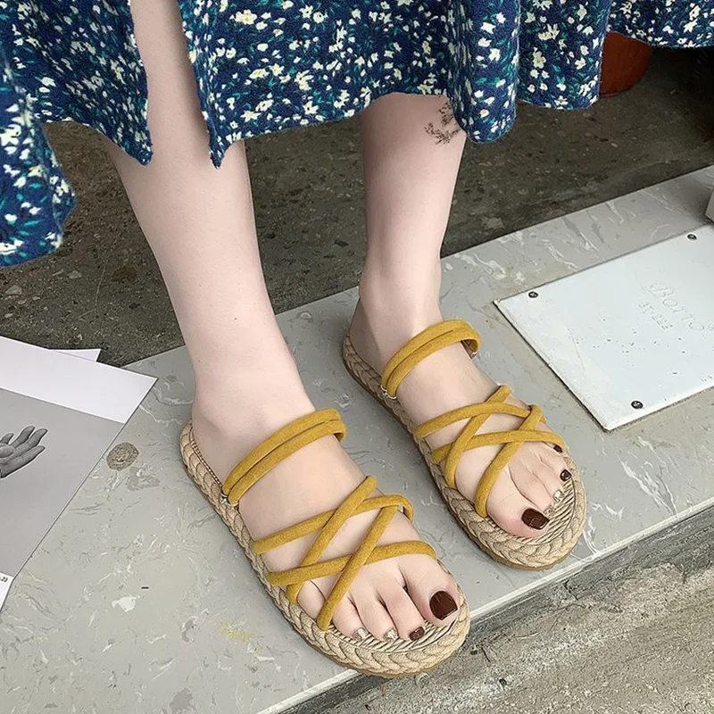 

Flat Shoes Female Slippers Casual Summer Clogs Woman Cross-Tied Slides Low Pantofle Luxury Beach 2021 Soft Narrow Band Basic PU