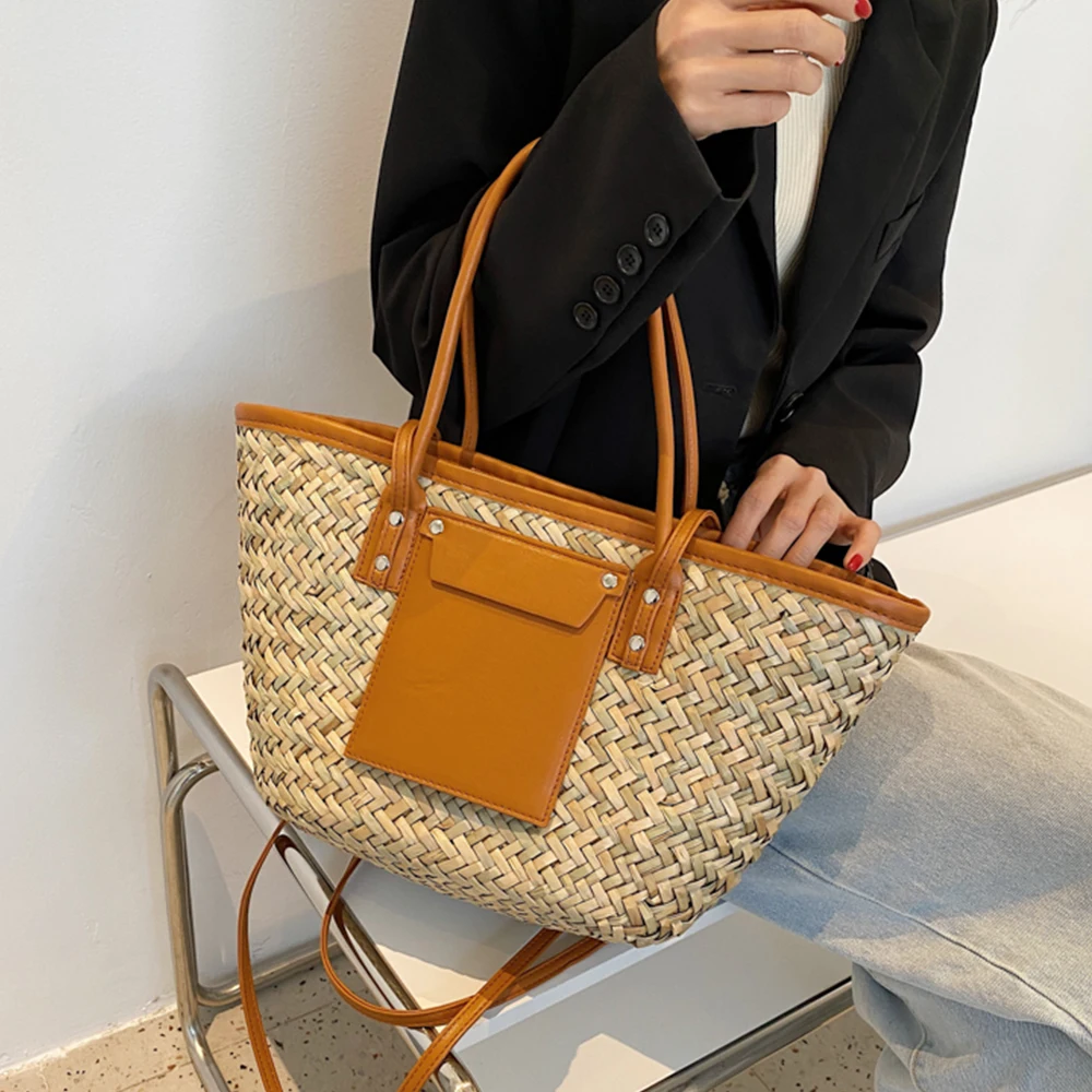 

Brands Wicker Woven Rattan Bags for Women Handbags Bohemia Leather Patchwork Shoulder Crossbody Bag Beach Straw Basket Bag 2021