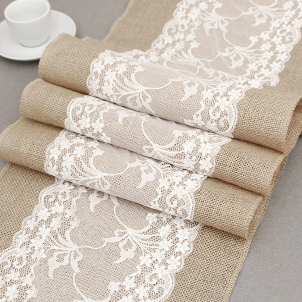 Vintage Burlap Table Runner Jute Lace Tablecloth Rustic Wedding Party Banquet Table cover Home Natural Linen Table Decoration