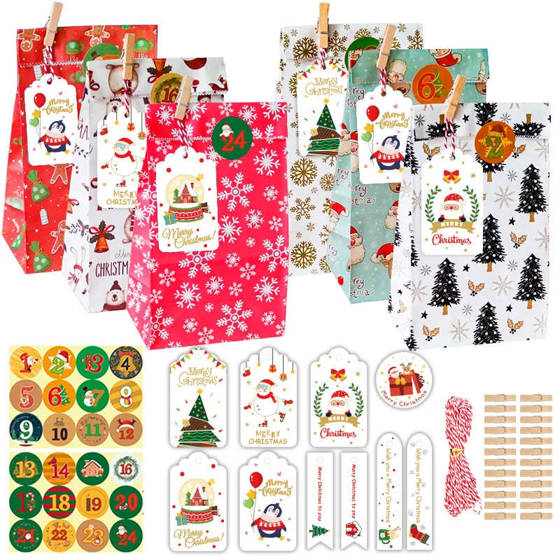

24 набора, Оригинальные рождественские сумки с календарем, новогодние подарочные пакеты для подарков, пакеты для сладостей «сделай сам»