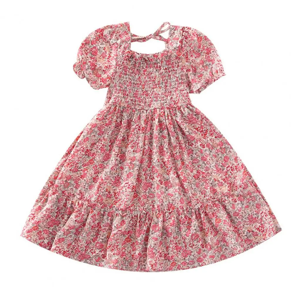 

A-line Children Sweet Dress Puff Sleeve Lace Up Elegant Summer Dress Children Puff Sleeve A-line Dress for Going Out