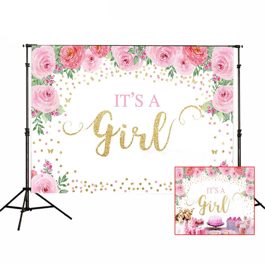 

Floral Princess Baby Shower Party Backdrop Golden Letters it's A Girl Babyshower Banners Photo Backgrounds Studio Posters Decors