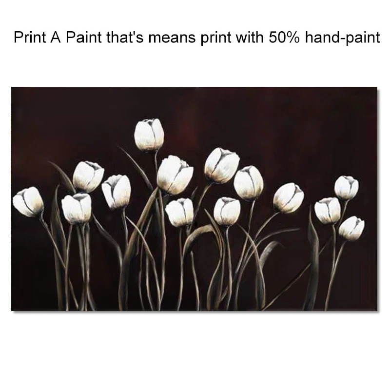 

100% Handmade Oil Painting White Tulip Flower Painting Morden Black Wall Art for Living Room Home Decoration Handpainted Picture
