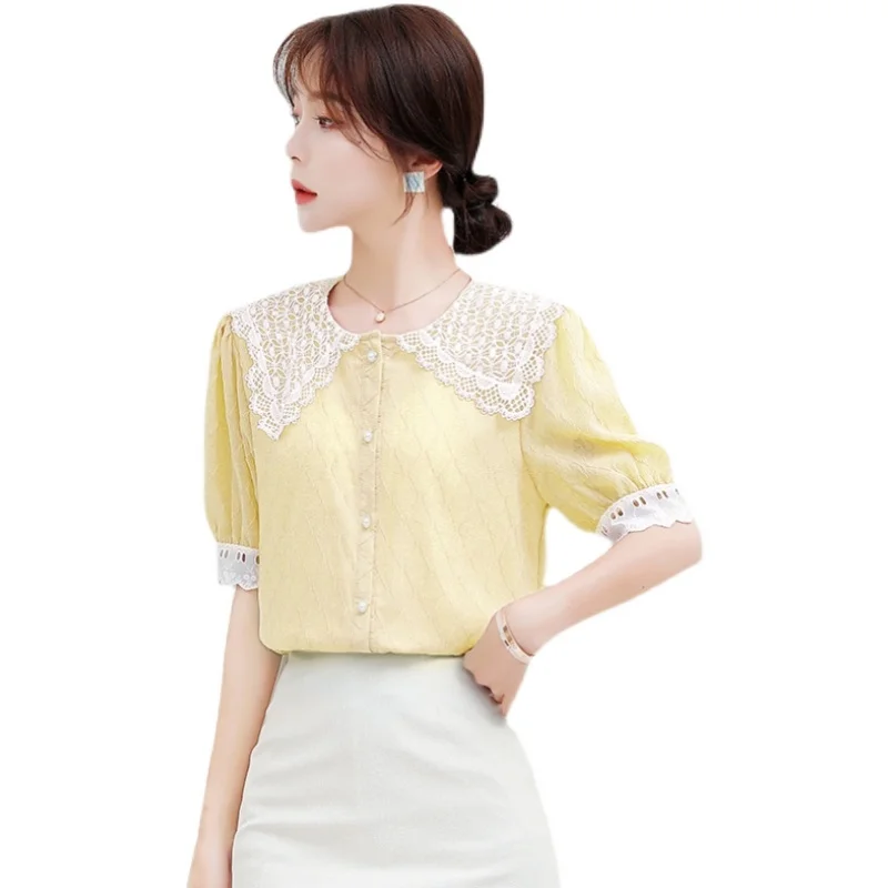 

Chiffon Slim Women Blouses New Casual Fashion Shirt Short Sleeve Lace Peter Pan Collar Solid Color Buttons Tops Summer Houthion