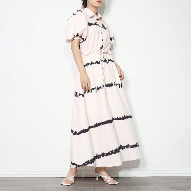 

CHICEVER Green Summer Two Tone Dress For Women Lapel Puff Sleeve High Waist Midi Dresses Female Fashion New Clothing 2021 Style