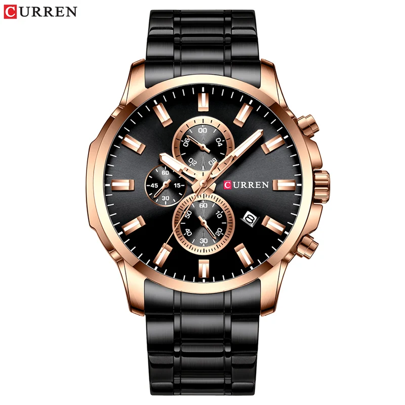rose black Новинка CURREN классические спортивные черные мужские часы, хронограф из нержавеющей стали Мужские кварцевые часы наручные часы светящиеся руки Reloj Hombre - Цвет: rose black