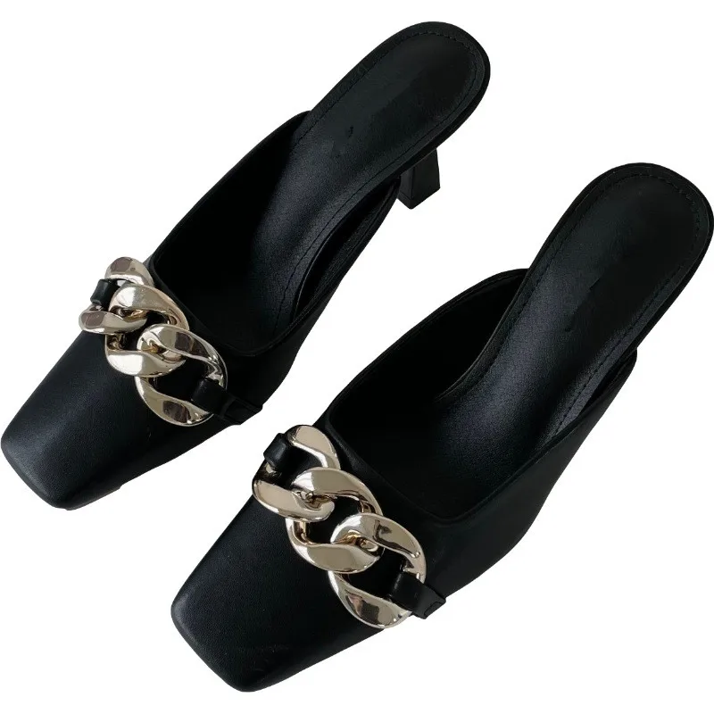 

Cover Toe High-Heeled Shoes Lady Womens Slippers Outdoor Female Mule Rivet Low Shallow Slides Pantofle Thin Mules 2021 Rome Basi