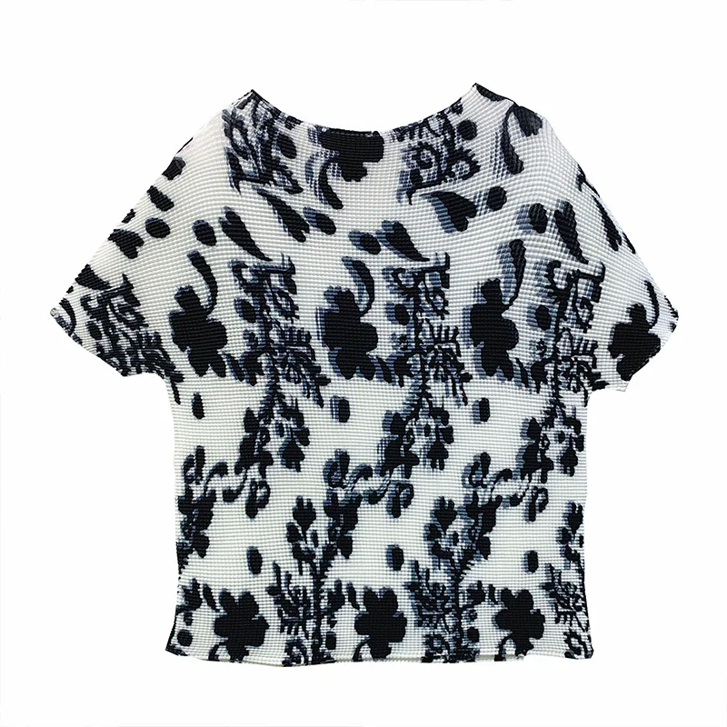 

LANMREM Pleated Print Top 2021 Summer New Short Sleeve Round Neck T-shirt For Women All Match Fashion Tide Clothing 2D1525