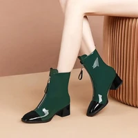 fashion green black splicing autumn winter boots women front zip mid calf mid heeled boot female elegant dress booties