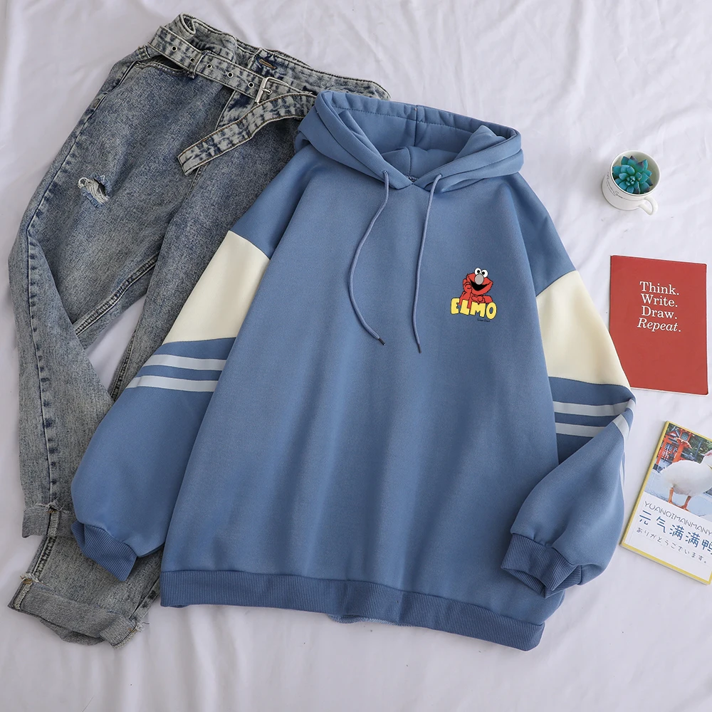

Kawaii Hoodies Woman Clothes Fleece Spell Color Spliced Lovely Sesame Street Elmo Cartoon Printed y2k Hooded Women's Sweatshirts