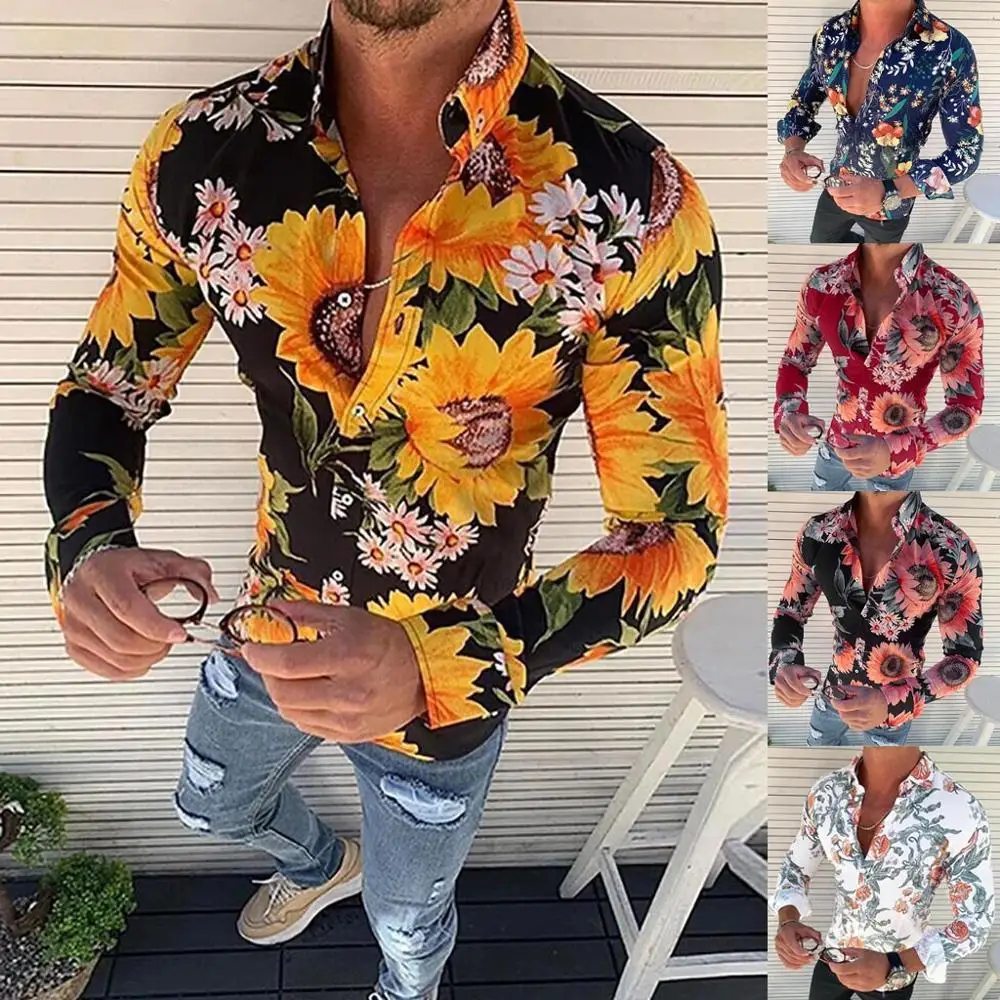 

New Men's Floral Shirt Long Sleeve Casual Shirt Fashion Rose Flower 3D Printed Turn-down Collar Slim Fit Shirt For Mens Clothing