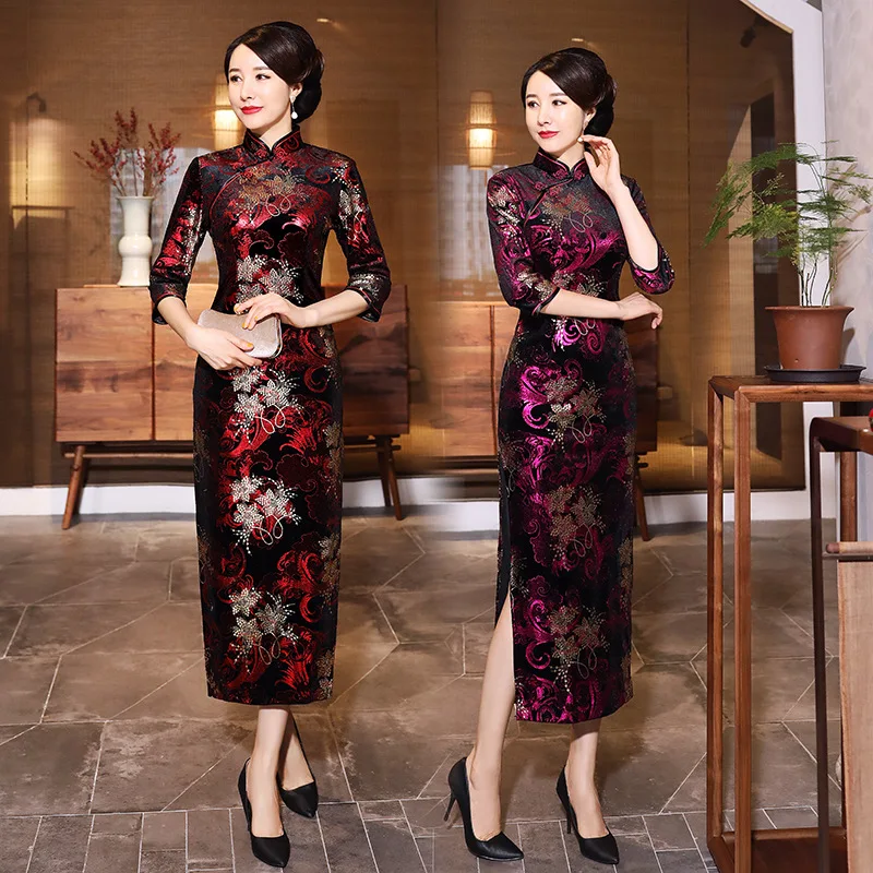 

Chinese Traditional Long Cheongsam Women Velvet Dress Prom Qipao Size M-4XL