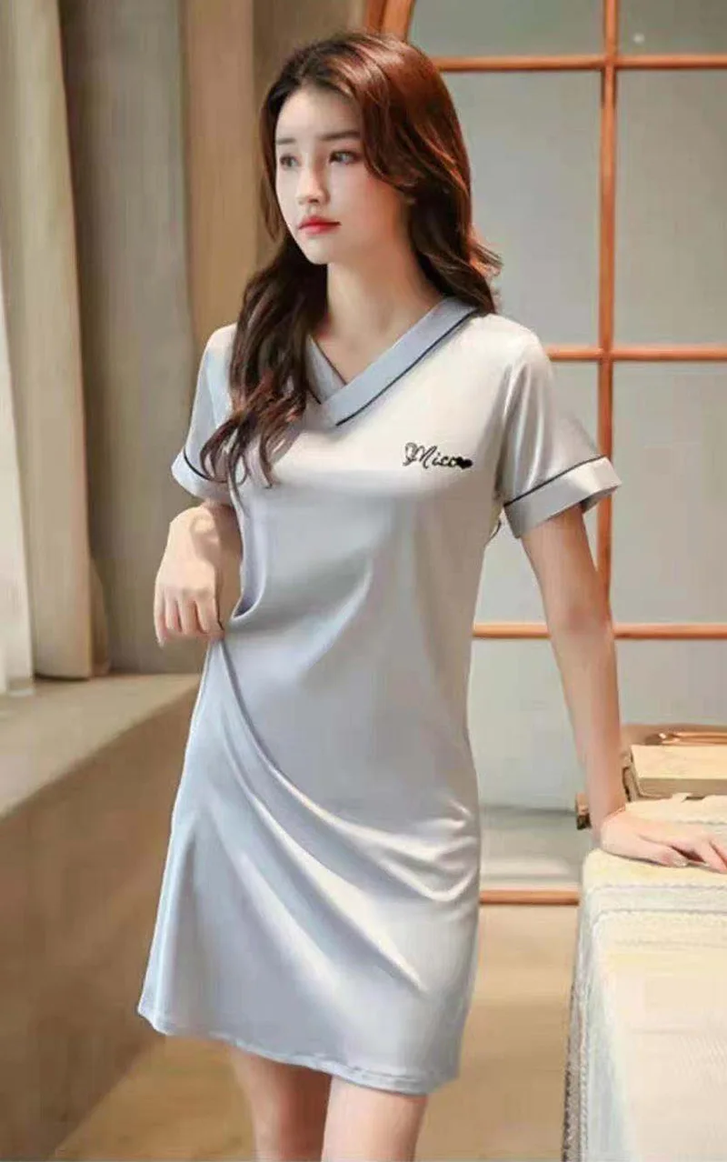 Spring summer new season nightdress Women's short sleeve loose thin ice silk nightgown Korean nightwear skirt female sleepwear