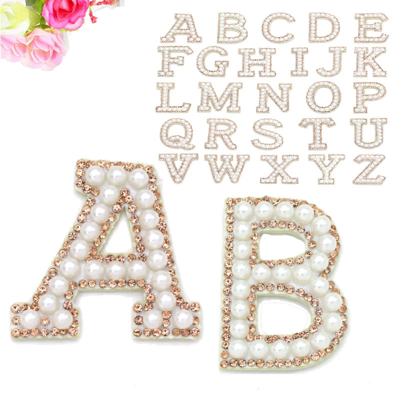 

26 Letter Gold Rhinestone Pearl English Alphabet Patch 3D Beaded Stickers Mixed Embroidery Patch For Clothing Logo DIY Applique