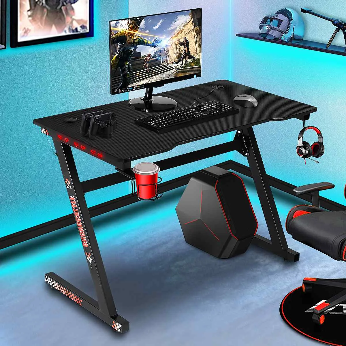 

43"Game Table Computer Desktop Table Professional Game Computer Table with Cup Holder,LED Light, Headphone Hook,Mouse Pad