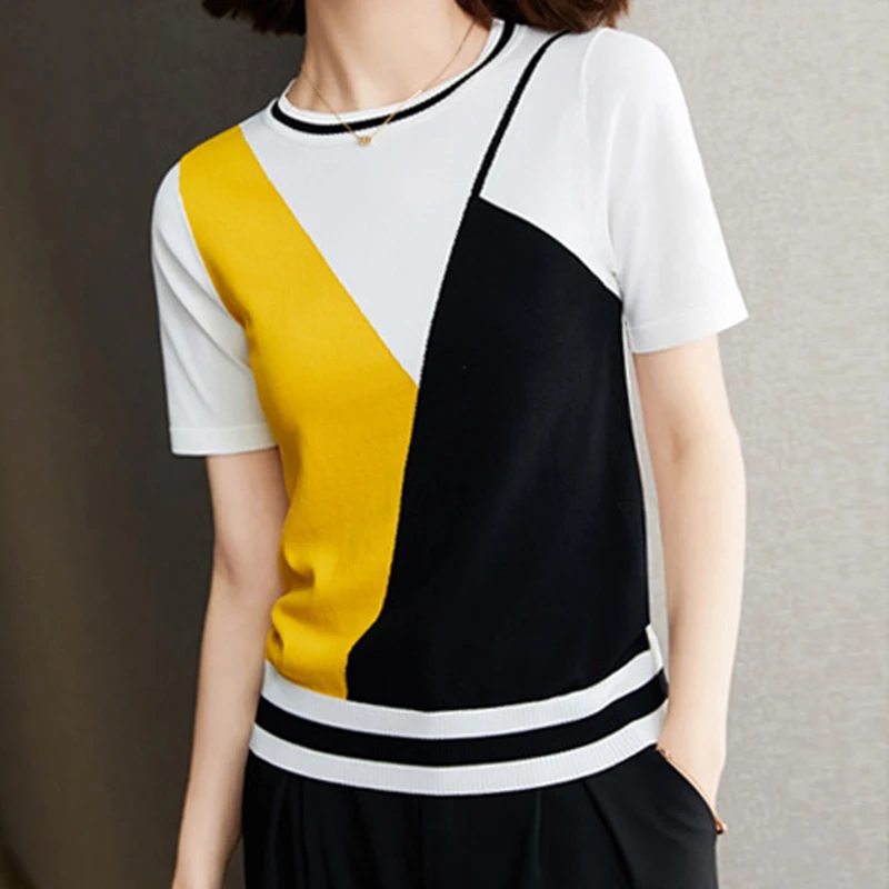 

Short T Shirt Summer T-shirts Women Clothes Slim Patchwork Tees Top Polyester Blusas Femme O-Neck Short Sleeves Harajuku Mujer