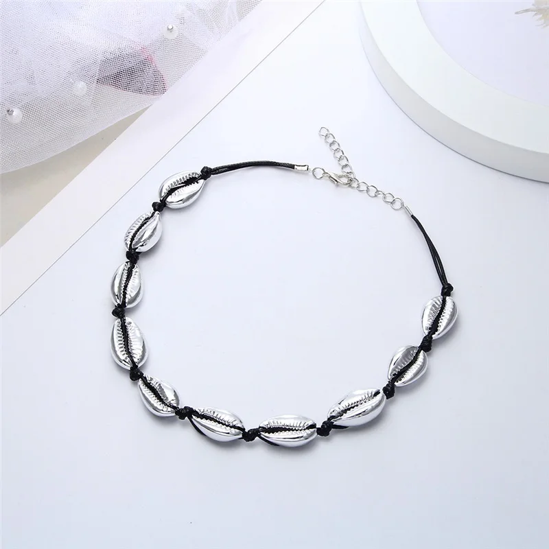 Black silver Богемное черное ожерелье-чокер с цепочкой из натуральной раковины, регулируемое ожерелье с раковиной для женщин и девушек, летнее ювелирное изделие в подарок - Окраска металла: Black silver