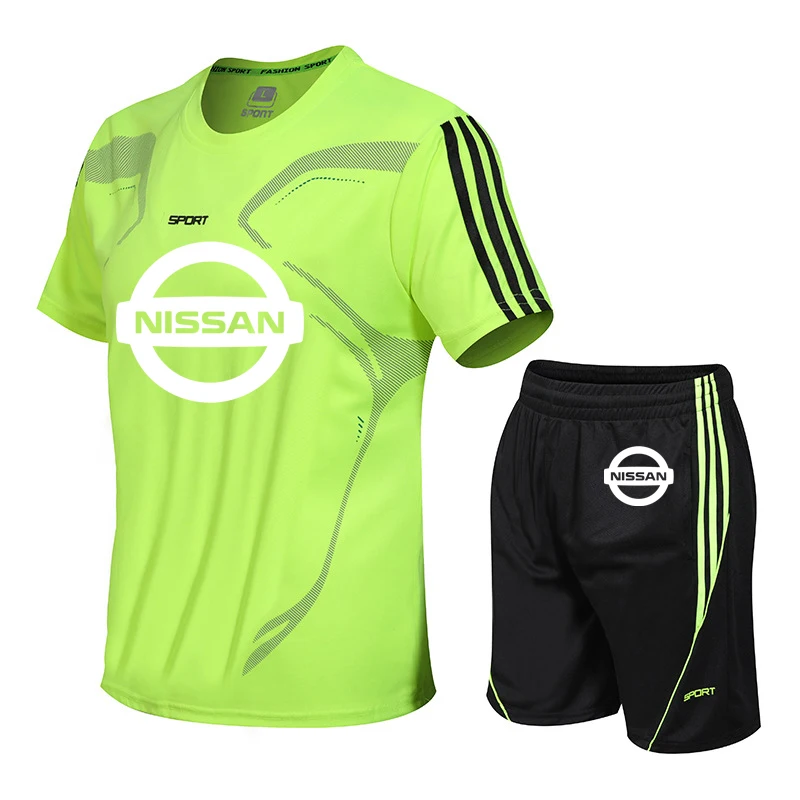 

new Summer Men's suits Nissan printing casual trend high quality cotton stripeMen's short sleeve+shorts 2-piece set