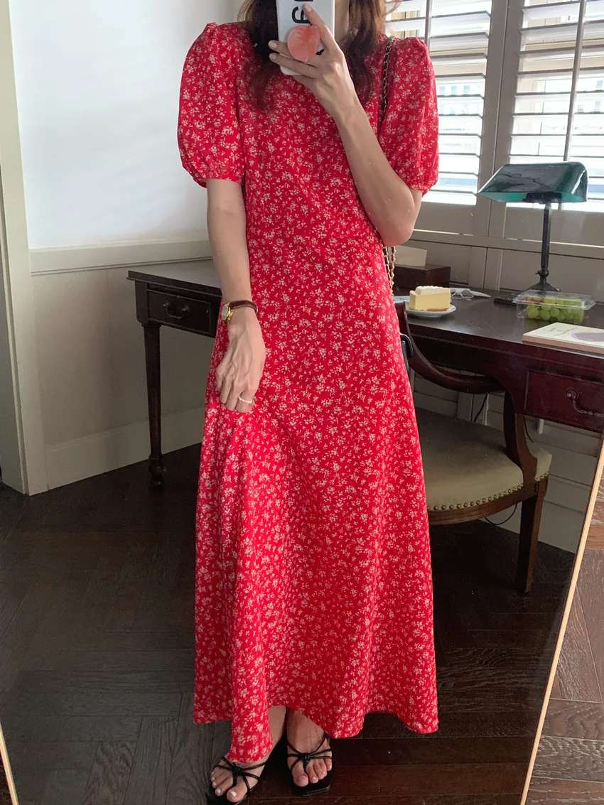 

VICONE Chic Korean Fashion Women Vintage Elegant Summer Fashion Korean New Floral Printing Long Dress Fenimine Vestidos