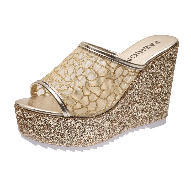 bling golden women house slippers summer shoes platform 4cm outside fitting room 11cm high heels wedges solid mesh female slides free global shipping
