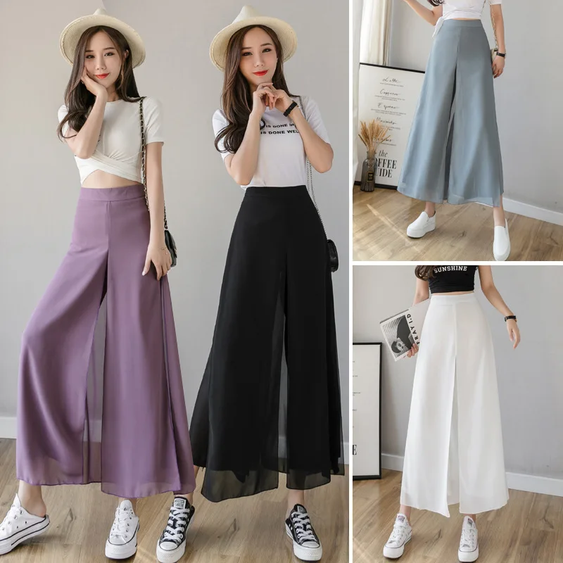 

Real-time 2021 summer Korean version of high waist thin foreign air ice chiffon wide-leg pants women drape thin nine fen skirt