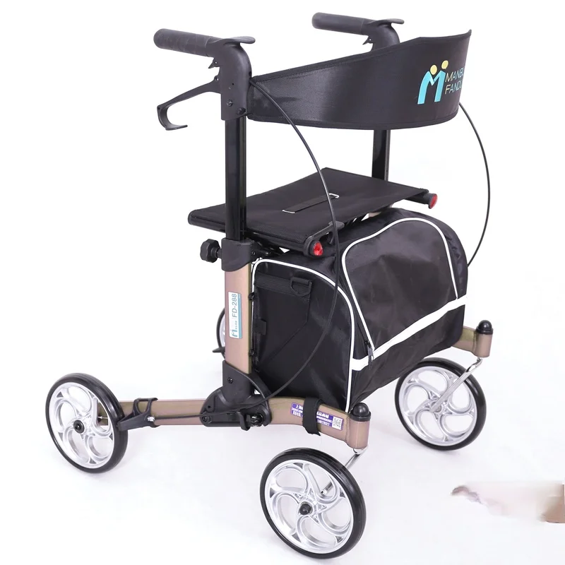 

TT Elderly Hand Push Shopping Cart Elderly Walking Rollator Four-Wheel Push Can Sit Aluminum Alloy Folding