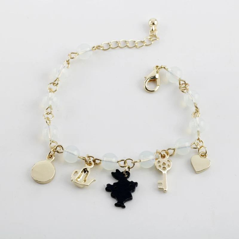 

Trendy Alice Wonderland Rabbit Red Heart Clock Key Pendant Beads Metal Bracelets Bangles For Women Girls Kids Christmas Gift