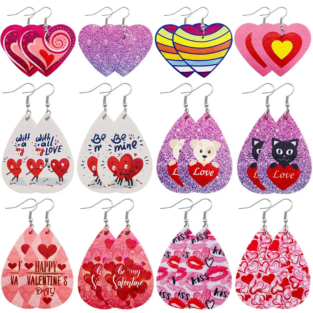 

New Valentines Day Love Heart Pattern Teardrop Dangle Faux Leather Earring For Women Fashion Jewelry Gift Wholesale
