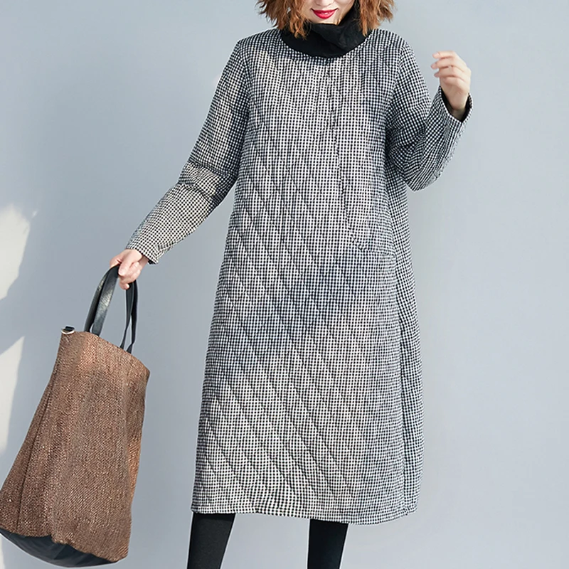 

Женская Стеганая куртка, осенне-зимняя длинная куртка макси, плотное теплое клетчатое пальто с высоким воротником, размера плюс литературн...