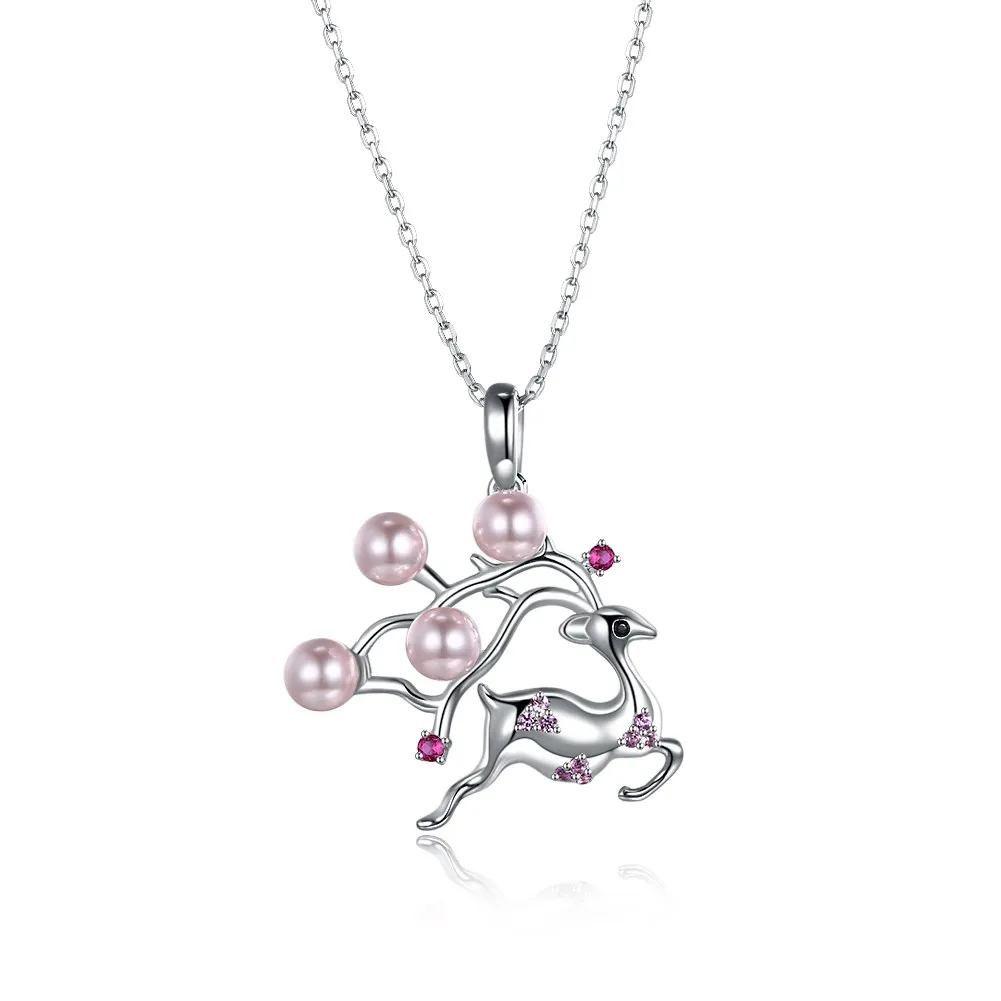 

Christmas Hot Sales Sterling Silver Crystal Sika Deer Character Pearl Pendant Necklace