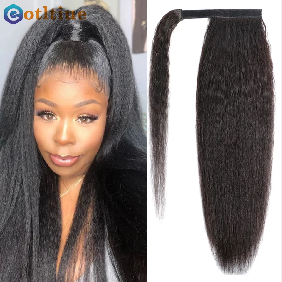 

Eotltiue Kinky Straight Ponytail Hair Extension 26 Inch Magic Paste Heat Resistant Wrap Around Yaki Ponytail For Black Women