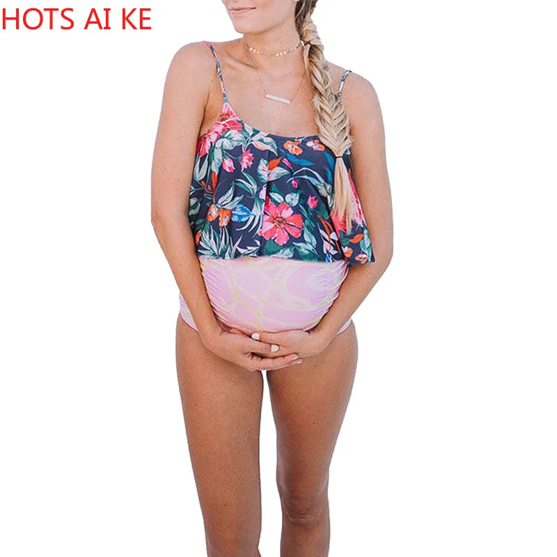 

Floral Split Two-Piece Pregnant Women Swimsuit Swimwear Plus Size Halter Ruffled Swimsuit Set maillot de bain femme enceinte