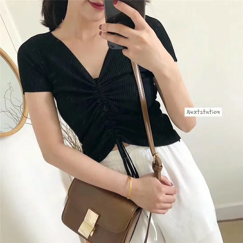 

Новинка, вязаный короткий ковер в полоску с коротким рукавом, Свободный Классический Повседневный Легкий трикотаж для женщин и девочек