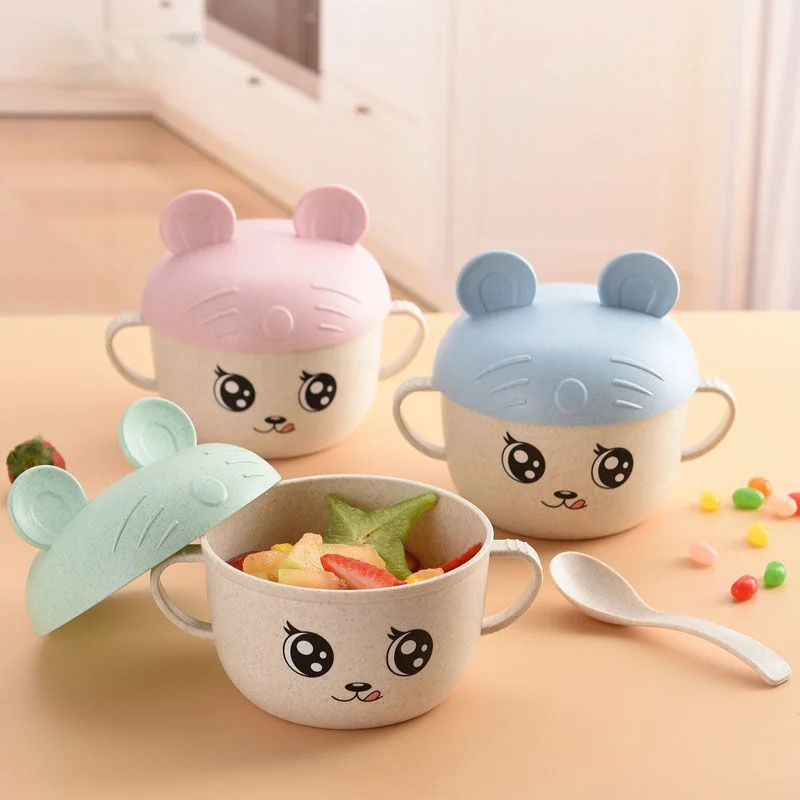 

2Pcs/Set Baby Feeding Food Tableware Wheat Cartoon Kids Dishes Children Eating Dinnerware Set Anti-hot Plate Training Bowl+spoon