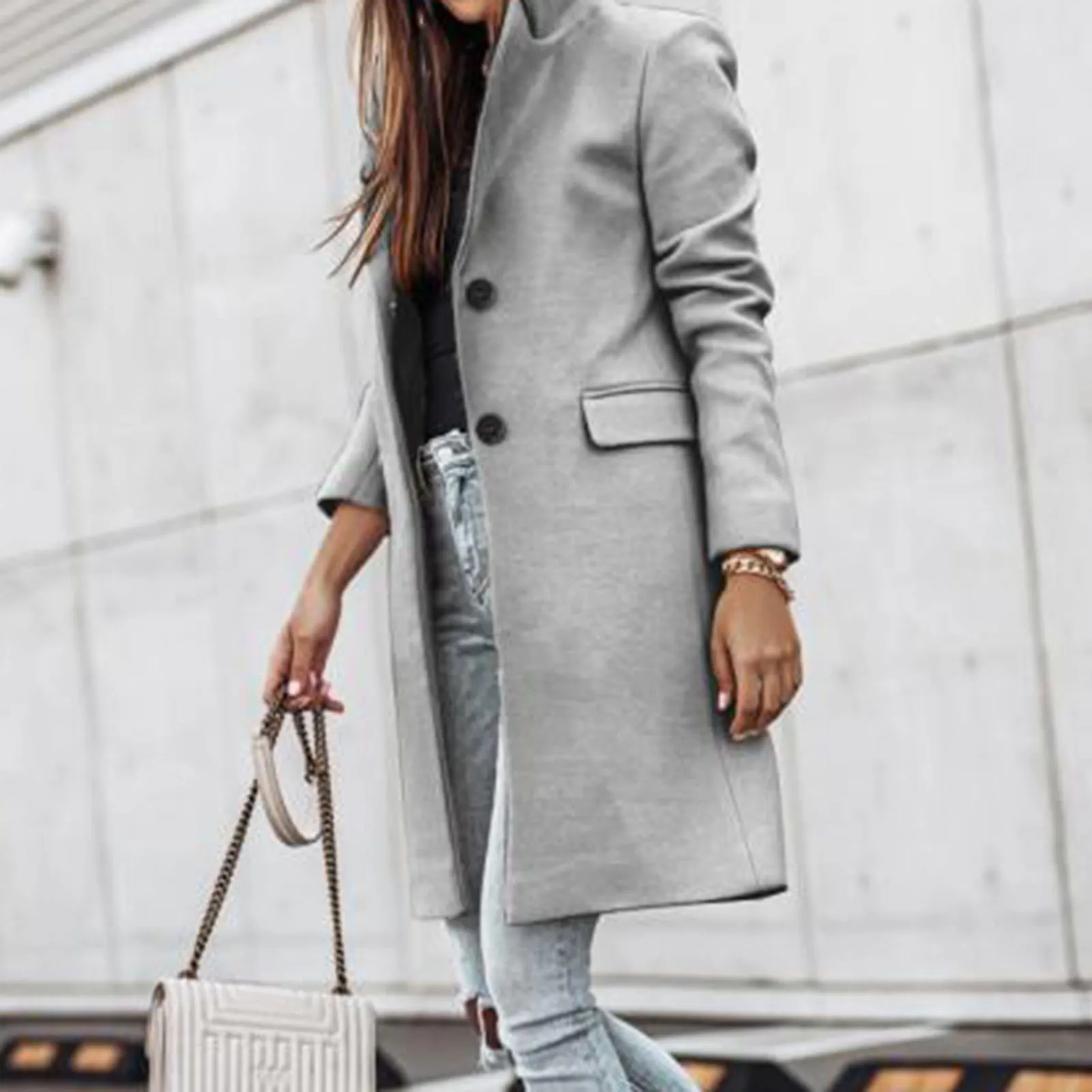 Модное женское зимнее теплое пальто с длинным рукавом и воротником на пуговицах